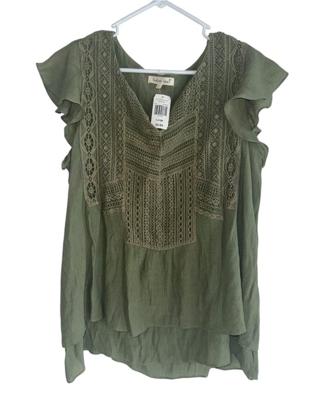 NWT Indigo Soul Flutter Sleeve Crochet Top Sz L Green Fairy Cottage Boho Hippie